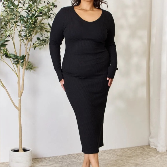 NEW Culture Code PLUS + REG Size Ribbed Long Sleeve Slit Hem Midi Dress - Picture 4 of 13